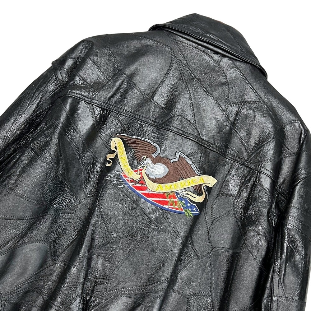 Vintage Mens Black Patchwork Leather Bomber Jacket God Bless America Eagle Large